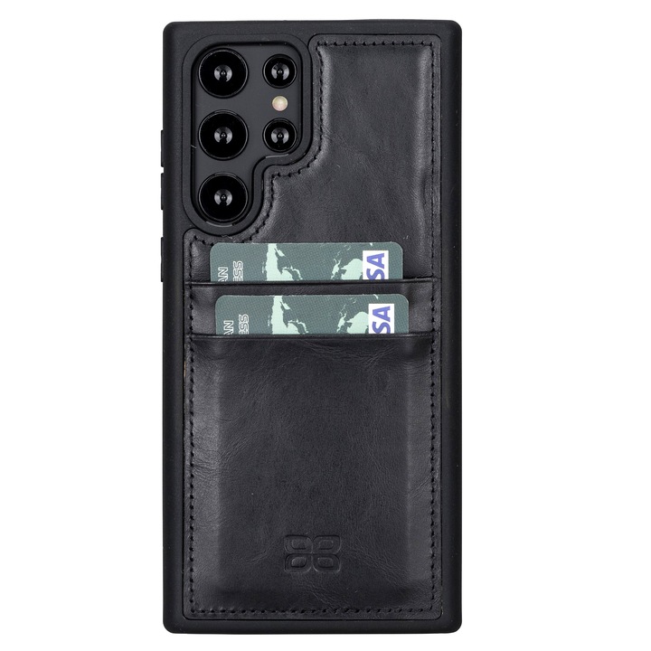 Калъф за Samsung Galaxy S22 Ultra, Bouletta Flex Cover CCP, тънка естествена кожа, мека TPU рамка, заден капак с джобове за карти, Rustic Black