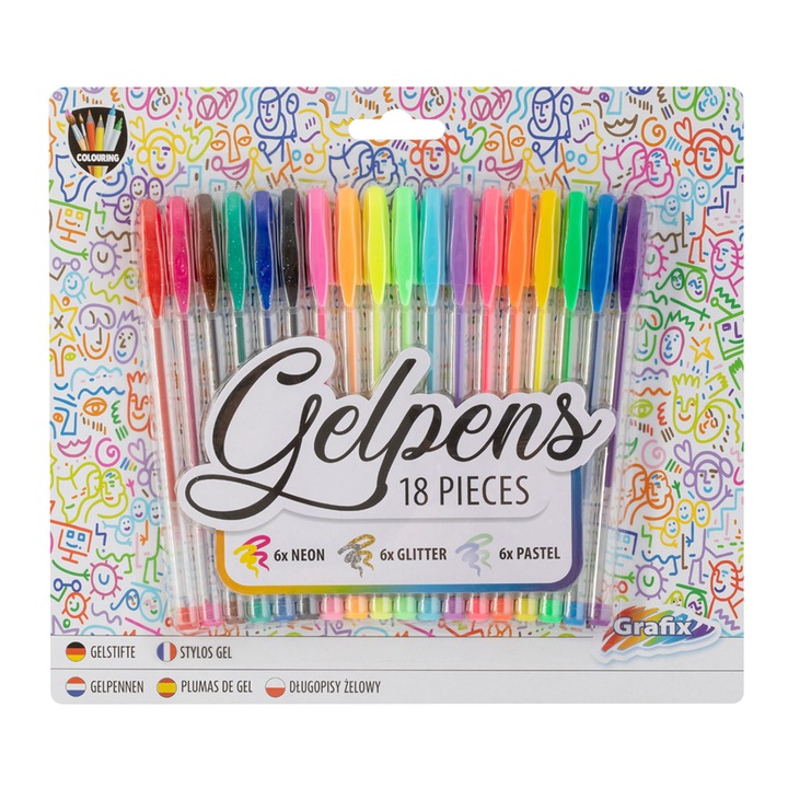 18 db-os zselés toll készlet, Grafix, Glitter, Pasztell, Neon, Multicolor