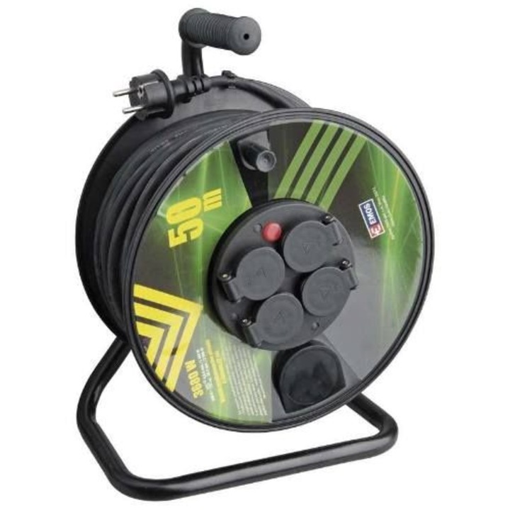 Удължител с макара Emos, 230 V, 50 м, 4 контакта, черен