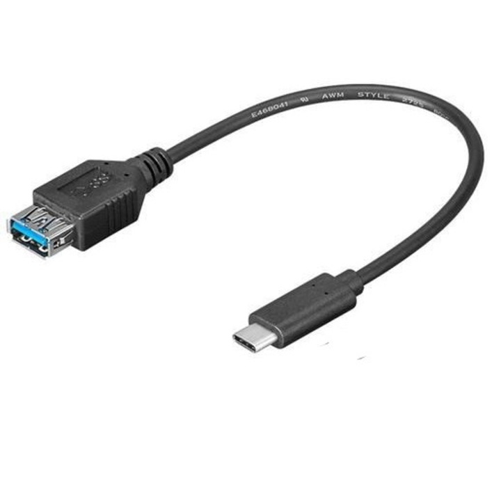 USB A csatlakozó kábel anya - USB C apa, 0,2 m, fekete