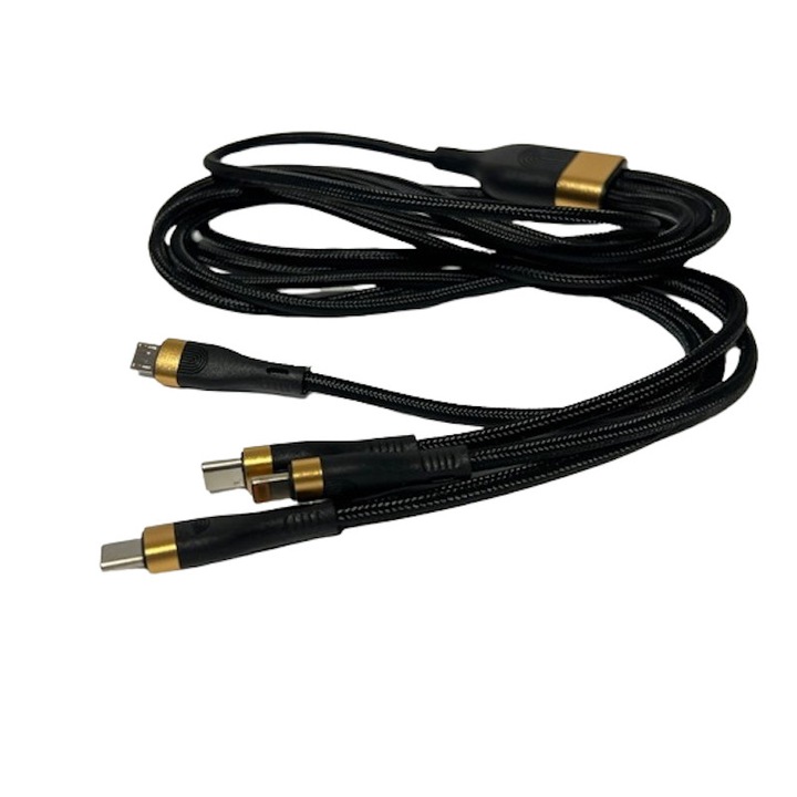 USB Type C 3 az 1-ben kábel, csatlakozók 1 x Type C, 1 x Micro USB, 1 x Lightning típusú, Fast Charge, PD 100W max, 5A max, 2 m, textil védelem