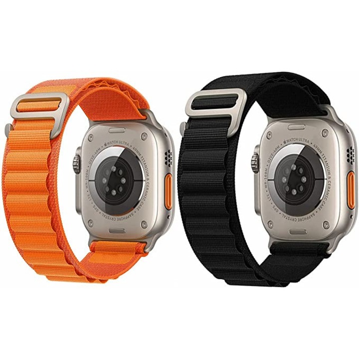 Set 2 Curea Nylon Compatibil cu Apple Watch Ultra/Series 2/3/4/5/6/7/8/SE, Display 42mm/44mm/45mm/49mm, Negru/Portocaliu