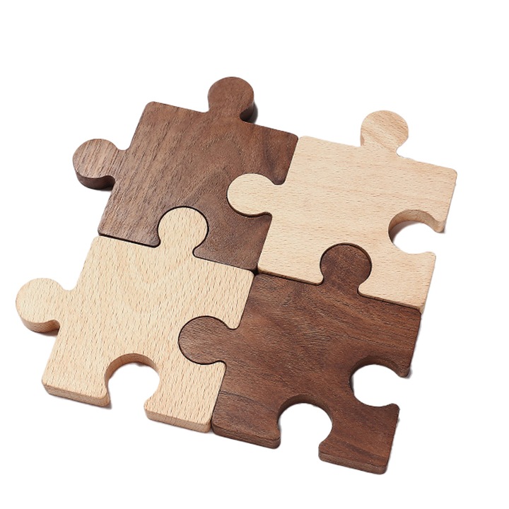 4db QttvbTna pohártartó készlet, fa, hőszigetelő, puzzle forma, barna