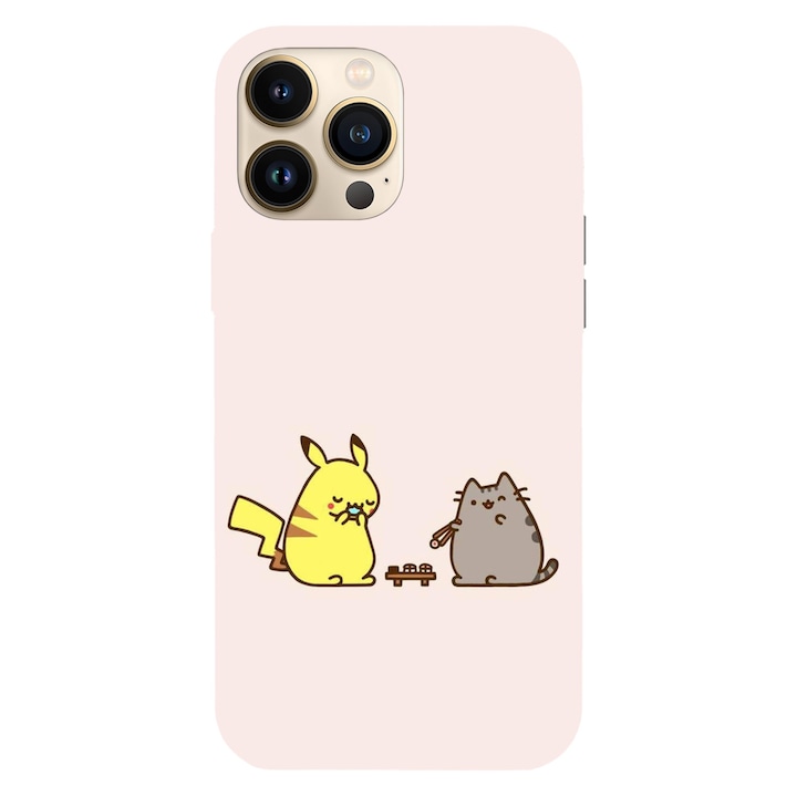 Husa compatibila cu Apple iPhone 12 / iPhone 12 Pro, Viceversa, model Lunch with pika and pusheen, Silicon, TPU