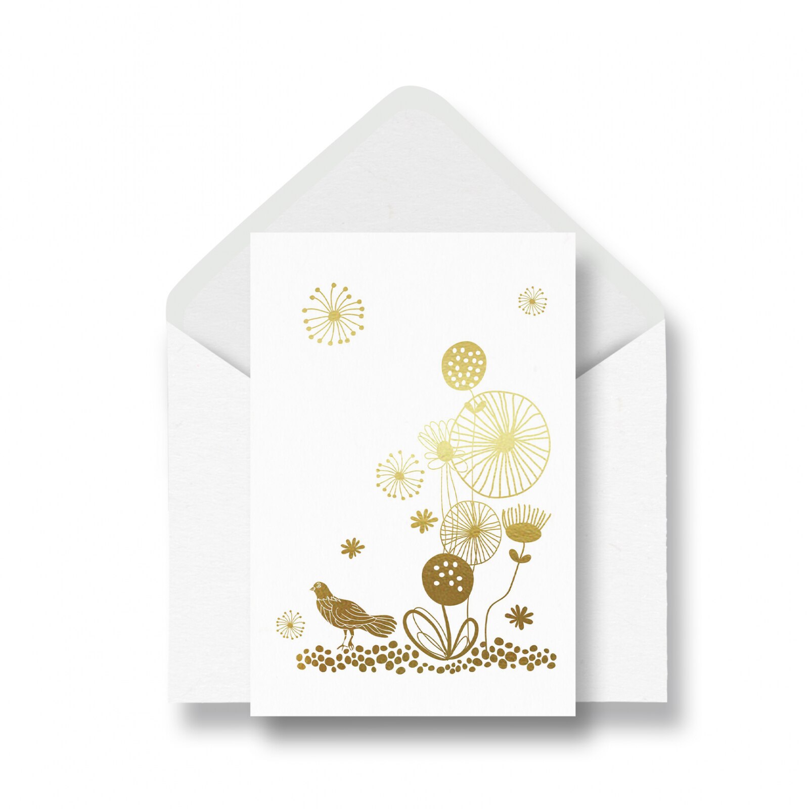 Felicitare cu plic, FLOWER AND BIRD, colaj auriu manual, model de primavara