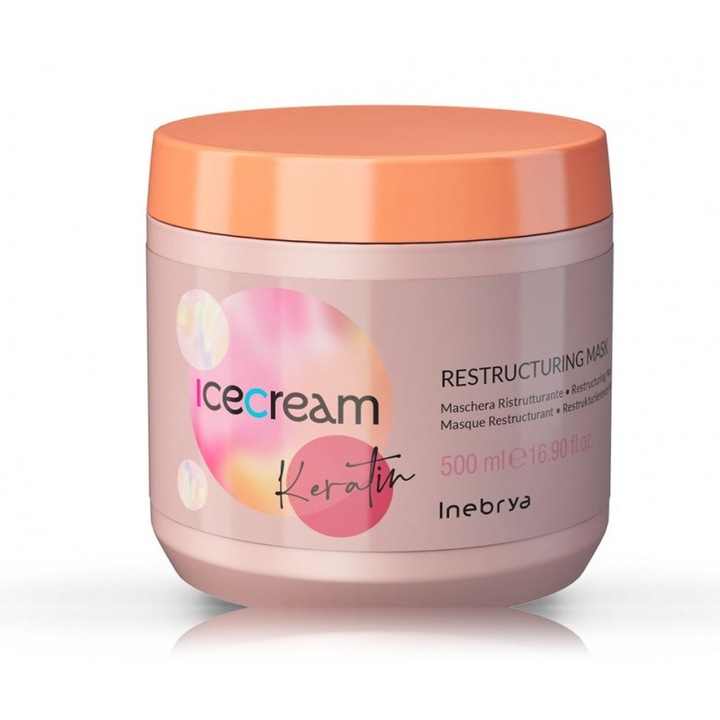 Masca de par Ice Cream, Inebrya, Pentru par uscat/tratat chimic, Regenerare/Keratina, 500 ml