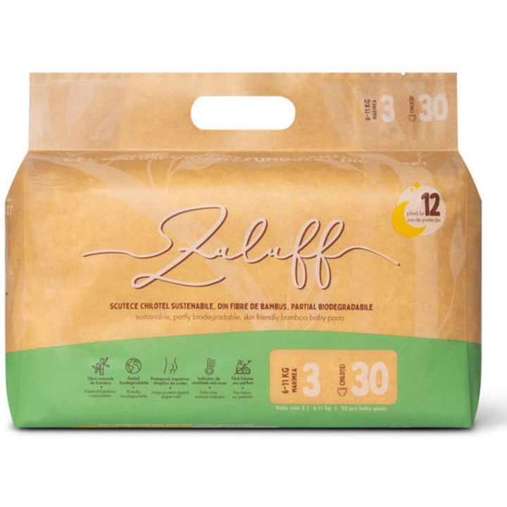 Scutece chilotel de unica folosinta din bambus, Nr. 3, 6-11 kg, 30 bucati, Zuluff