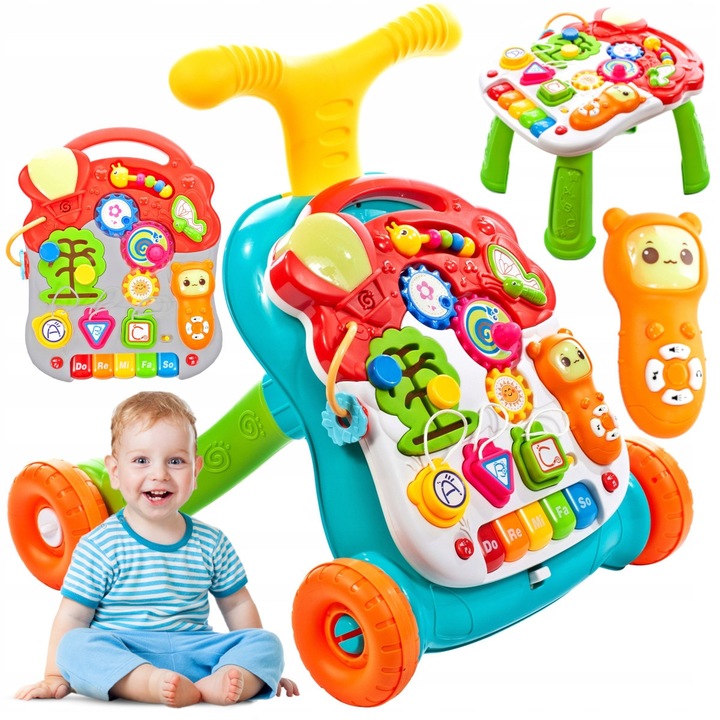 Antemergator si masuta interactiva detasabila, Telecomanda Detasabila cu 15 Melodii, pian multicolor, panou cu multiple activitati, SOLTOY® Musical Stroller Blue