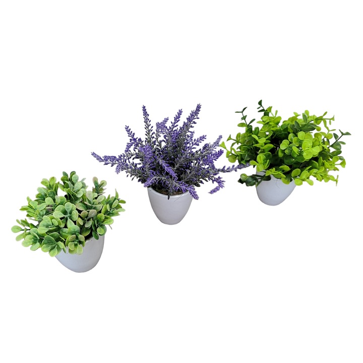 Set de 3 plante artificiale in ghivece albe din ceramica, Dady, plante decorative 16 cm, 15 cm, 13 cm