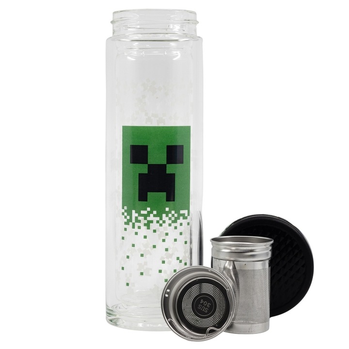 Infuzor de ceai din sticla barosilicata, cu pereti dubli, 350 ml, verde, Minecraft
