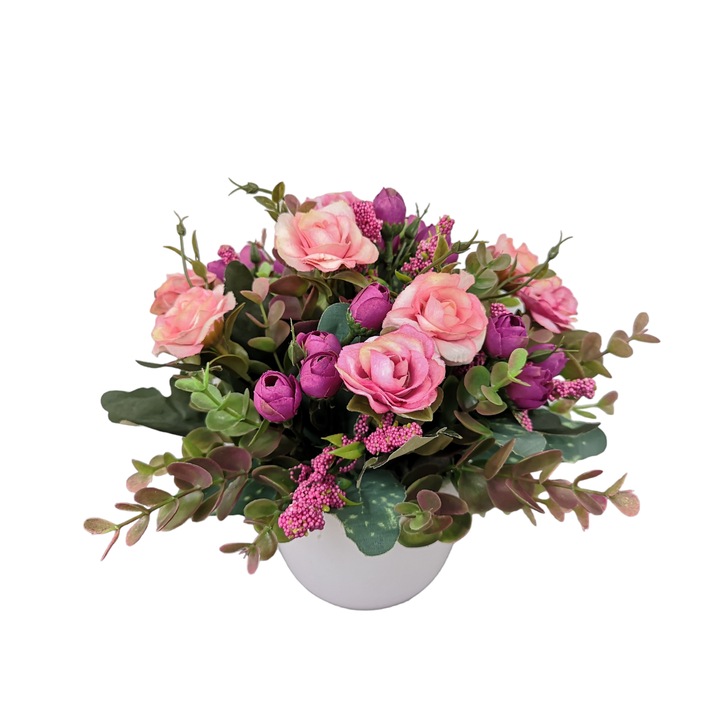 Aranjament floral cu flori artificiale mov si roz, 20x20cm, Dady, in ghiveci alb glazurat