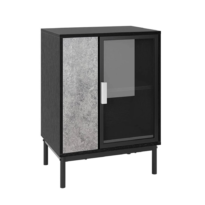 Страничен кухненски шкаф, Soges, 75x45x50 см, Черно и сиво, ПДЧ, Стъклена вратичка, Вертикално чекмедже с изхвърлящ механизъм