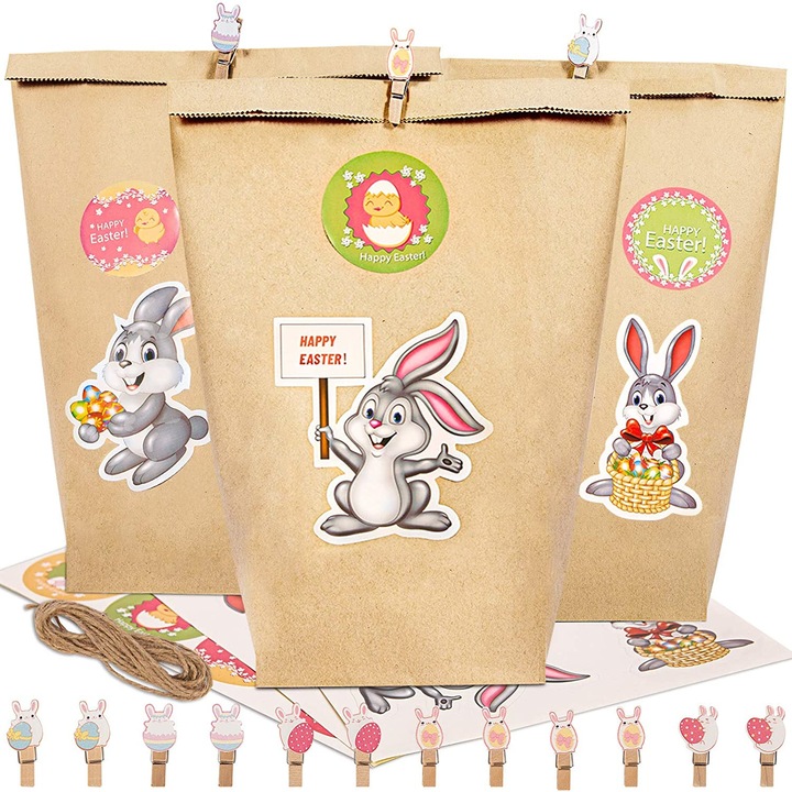 Set 12 pungi cadou de Paste, cu autocolant si clema, lemn/hartie, multicolor, 28 x 15 x 9 cm