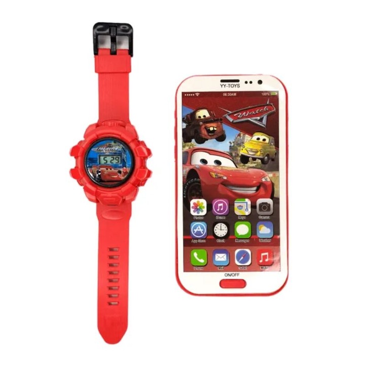 Комплект часовници Cars с проектор, електроника, LCD дисплей, силиконова каишка и телефон, 21 см, 3 години