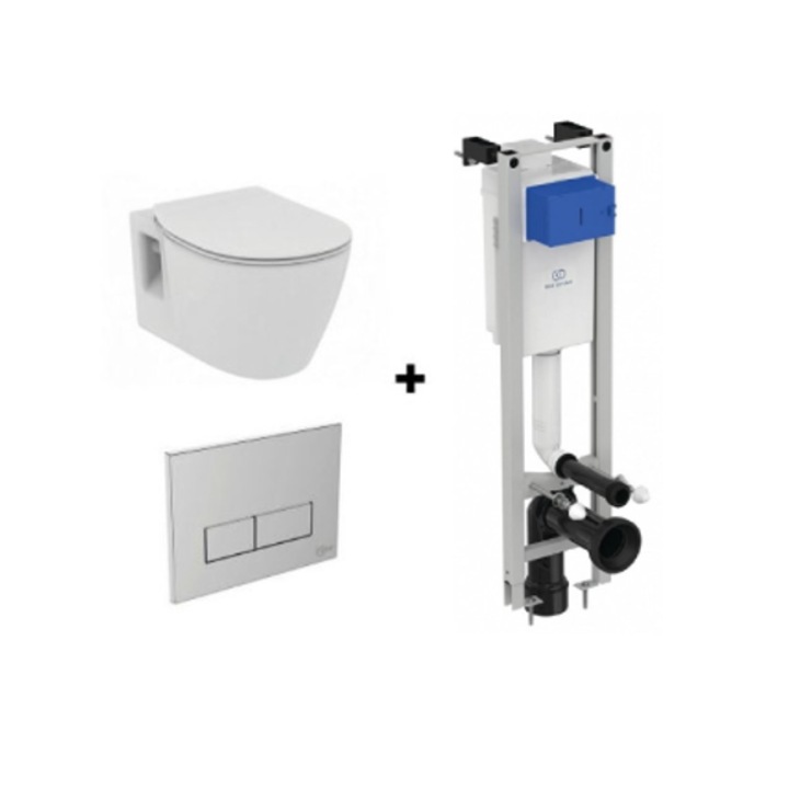 Set Vas Wc Connect suspendat cu functie de bideu, rezervor incastrat Prosys Eco Frame cu capac soft-close si clapeta crom - Ideal Standard