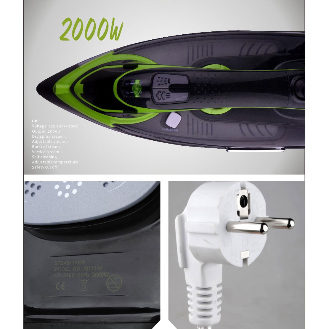 Fier de calcat DSP, 2000 W, talpa ceramica, rezervor 350ml, 50 g/min, jet de abur 80g, verde - KD1004
