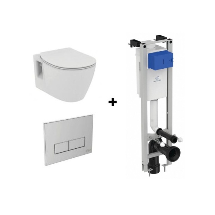 Set Vas Wc Connect suspendat, rezervor incastrat Prosys Eco Frame cu capac soft-close si clapeta crom - Ideal Standard