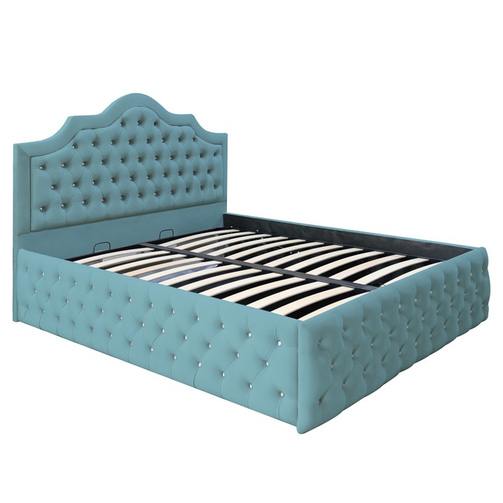 Pat dublu tapitat Colorado Deluxe cu nasturi sticla, 180/200 cm, culoare verde marin, cu somiera metalica rabatabila si spatiu de depozitare