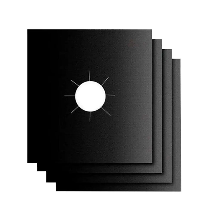 Set 4 folii de protectie reutilizabile pentru plita sau aragaz, Vaxiuja, Teflon, non-toxic, lavabil, 10.6×10.6inch, negru