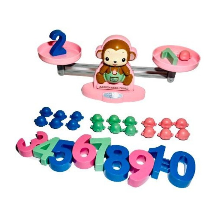 Jucarie educativa tip balanta, matematica interactiva, Monkey Balance, 50 de piese, Roz