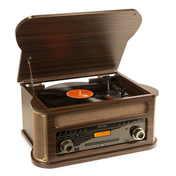Грамофон с ретро дизайн и касетофон, Bluetooth/CD/DAB Plus/FM/USB, 2x25W тъмнокафяв, Fenton MEMPHIS