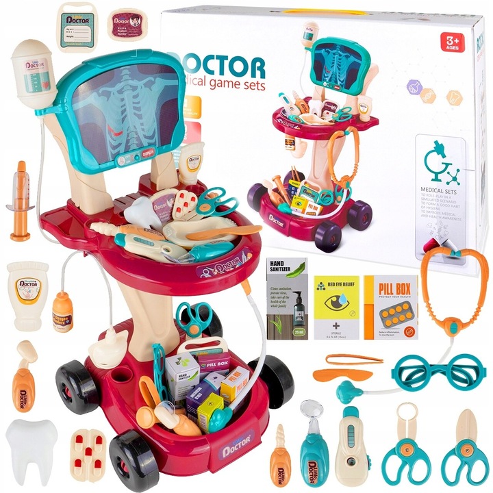 Jucarie de rol Carucior medical SOLTOY® cu ecran portabil, stetoscop, termometru, multiple accesorii si instrumente medicale