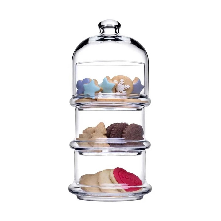 Bonbonniera din Sticla cu 3 Nivele, Model Villa Patisserie, Pasabache, Depozitare Eleganta cu Capac
