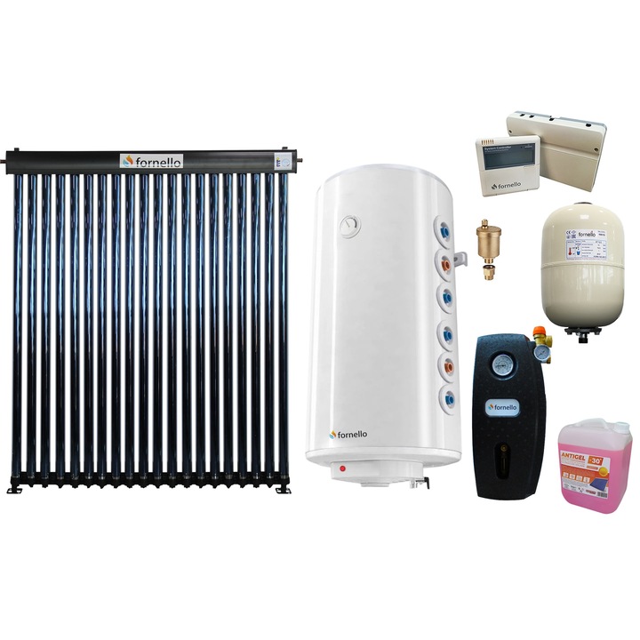 Set sistem solar presurizat, Fornello 20 Tuburi Heat Pipe, Boiler cu 2 serpentine Fornello Optima GCV7/4S 150 l, controller, vas expansiune, grup pompare, aerisitor, antigel