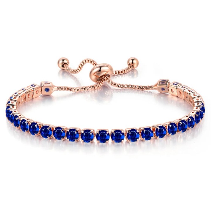 Bratara model tennis reglabila, aurie cu pietre din zirconiu albastru