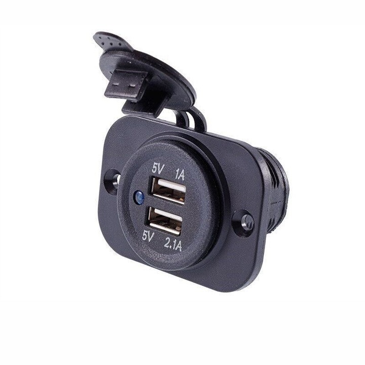 Aljzat 2 USB-vel, beépített, kék LED-del, 12-24V, 3.1A, szerelőlappal, 63210 Carmotion