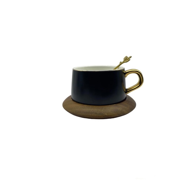 Ceasca cafea lux, 220ml, din ceramica, cu farfurie din bambus si lingurita