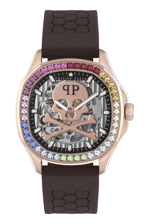 Philipp Plein, Автоматичен часовник със силиконова каишка, Златист, Тъмнокафяв