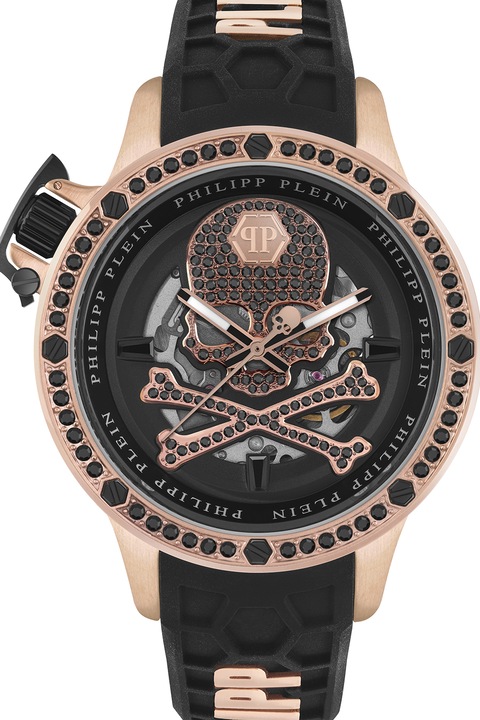 Philipp Plein, Ceas automatic cu o curea de silicon, Auriu rose, Negru