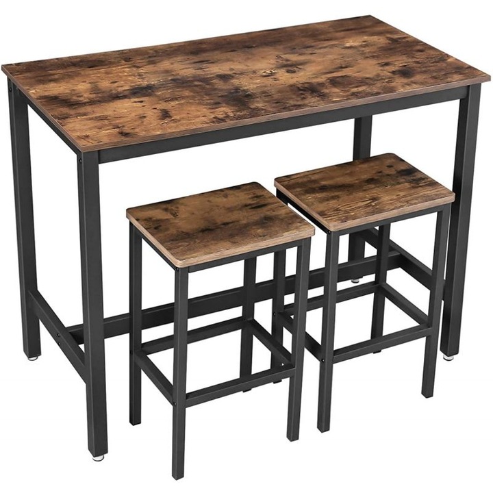 Set masa bar 2 scaune cadru otel blat lemn industrial, 120x60x90 cm, design rustic, maro rustic