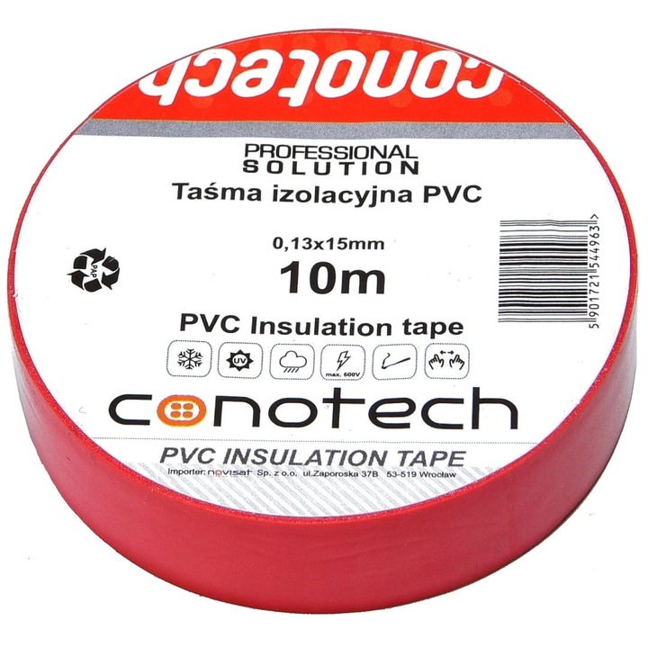 Banda izolatoare, Conotech, PVC, 10 m, Rosu