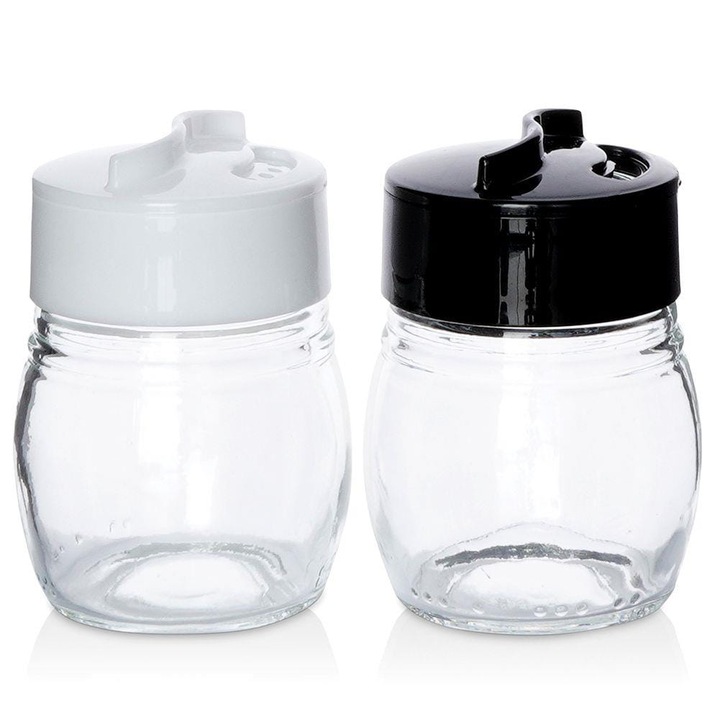 Set 2 recipiente pentru sare si piper, Orion, Sticla, 75 ml, Alb/Negru