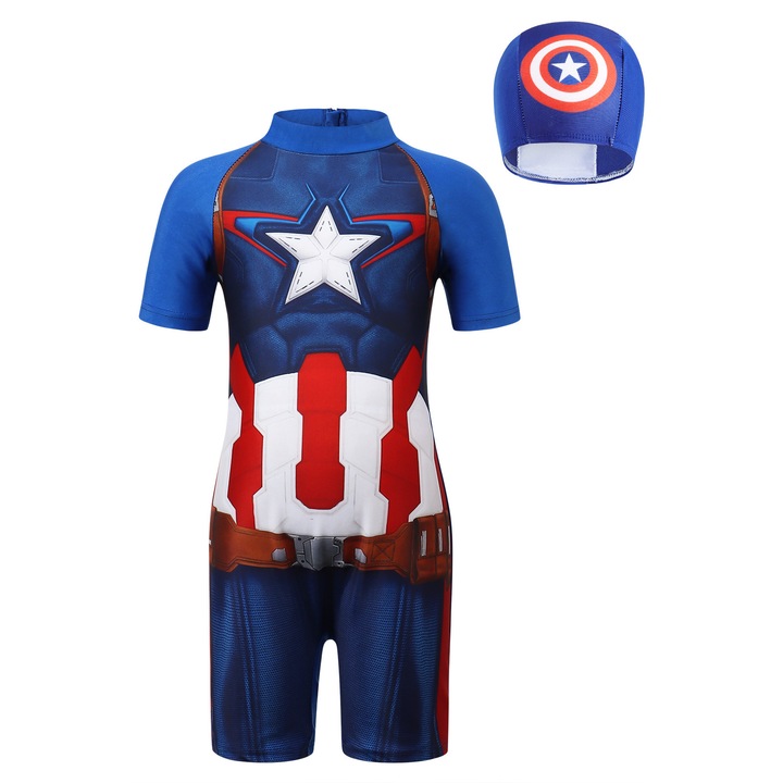 Costum de baie UV cu maneci scurte si fermoar Capitanul America, Party Chili®, Albastru, Cu palarie