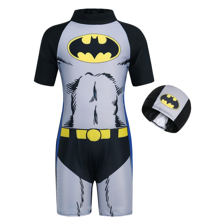 Costum de baie UV cu maneci scurte si fermoar Batman, Party Chili®, Gri, Cu palarie