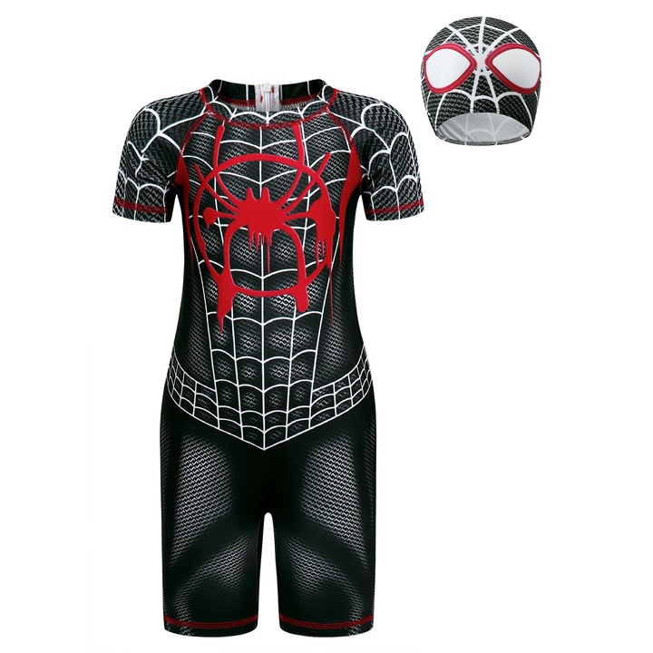 Costum de baie Spider-Man Miles, Party Chili®, Morales, Marvel, maneci scurte, fermoar, cu cagula, Baieti, Gri, Ziua Copilului
