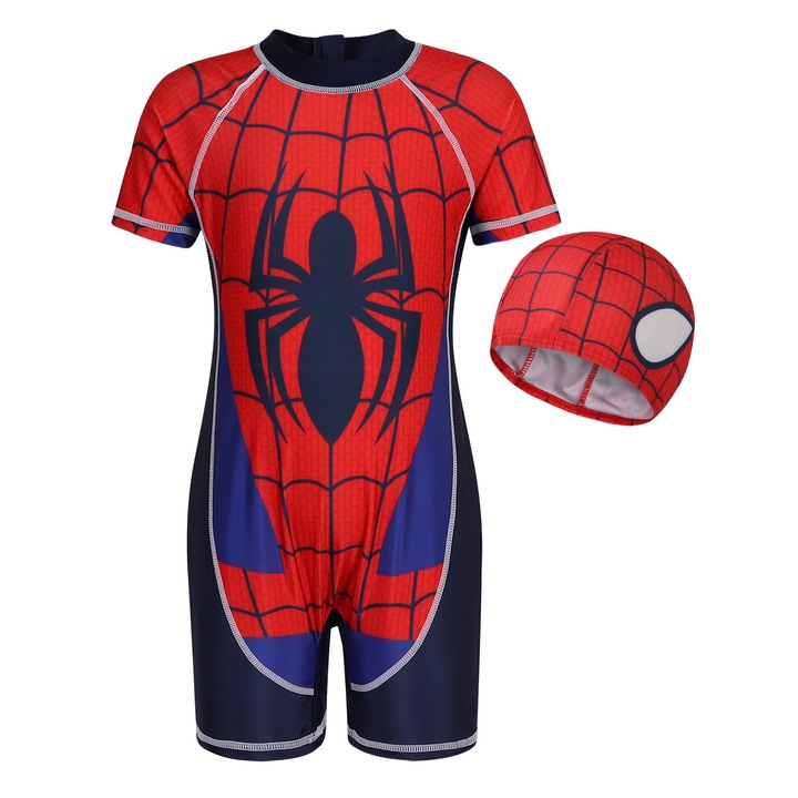 Costum de baie UV cu maneci scurte si fermoar Spiderman, Rosu, Party Chili®, cu cagula, Baieti, Rosu
