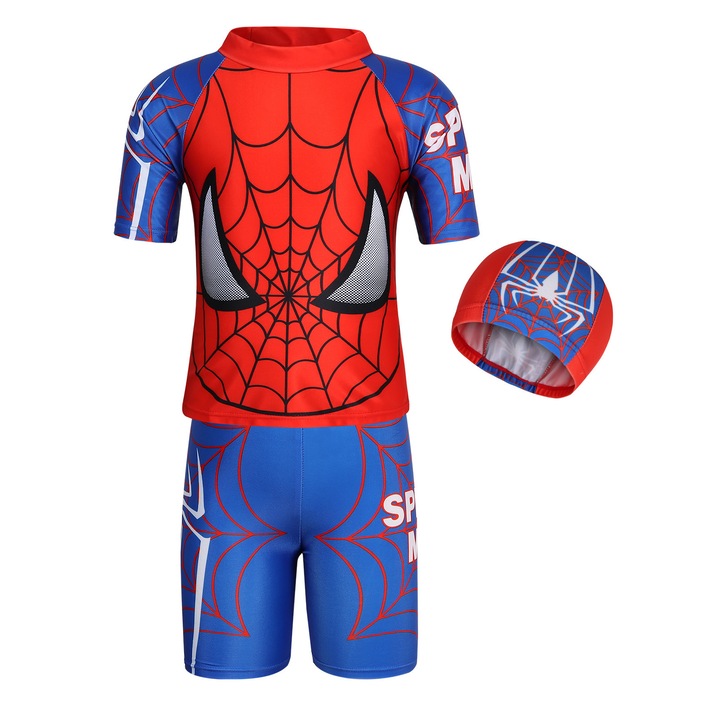 Costum SpiderMan de baie, Party Chili®, Marvel, Set de 3 piese, include top, slip, cu cagula