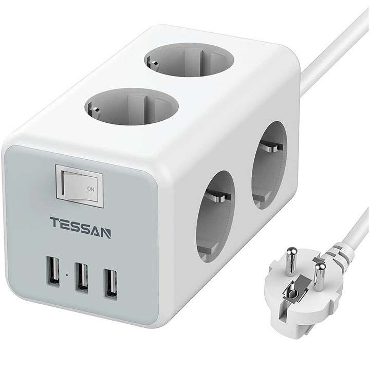 Prelungitor tip cub Tessan TS-306, comutator ON/OFF, 6 prize, 3xUSB 5V/3A, cablu 2m, Alb