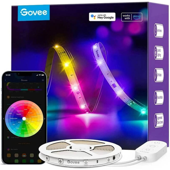 Смарт LED лента Govee H618A RGBIC, Wi-Fi, Bluetooth, Синхронизиране с музика, Бяла и цветна светлина, 5 м