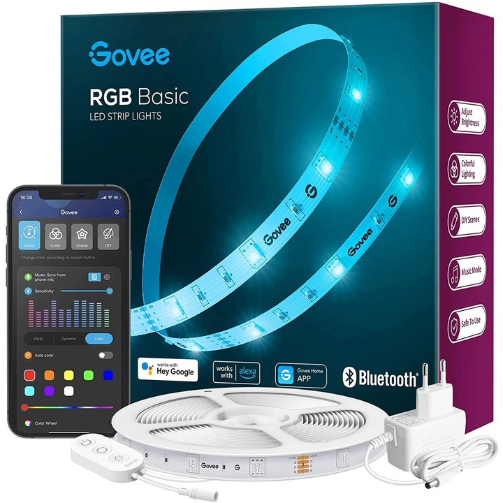 Banda LED RGB inteligenta Govee H615A RGB, Wi-Fi, Bluetooth, sincronizare muzica, lumina colorata, 5m, compatibil Google Assistant & Alexa
