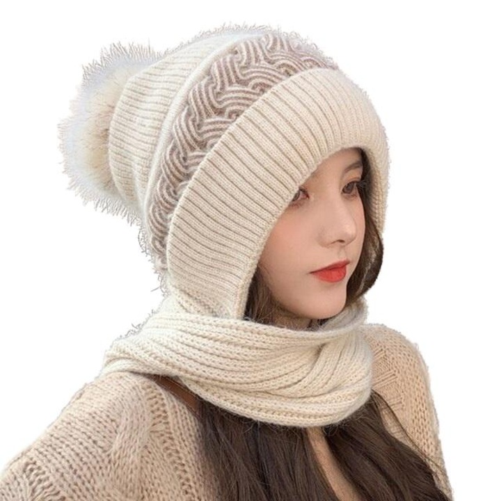 Set caciula si esarfa dama, IZMAEL, Lana/Poliesterl, Bej