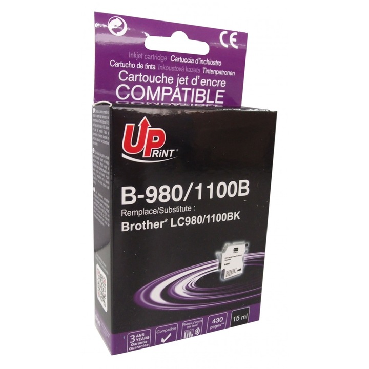 Uprint tintapatron fekete BJ980BUP, 15ml, kompatibilis LC980/1100, Brother DCP145C/DCP167C/DCP385C/MFC250C/MFC490CN/MFC790CW