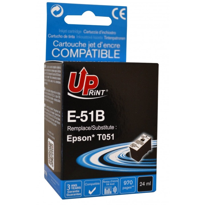 Uprint tintapatron fekete EJ51UP, 23ml, kompatibilis T051, Epson 1160/1520/740/760/800/850/860/2000/2500