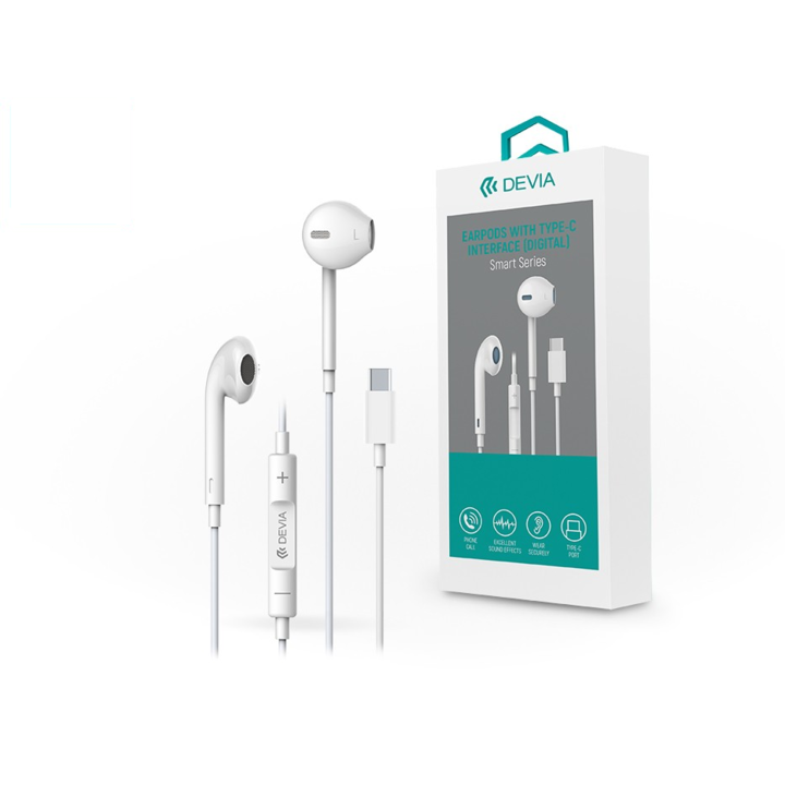 Стерео слушалки за запис Devia, USB Type-C конектор - Devia Smart Series EarPods с Type-C интерфейс (цифров) - бели