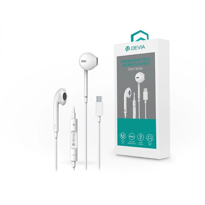 Devia sztereó felvevős headset USB Type-C csatlakozóval - Devia Smart Series EarPods with Type-C Interface (Digital) - white