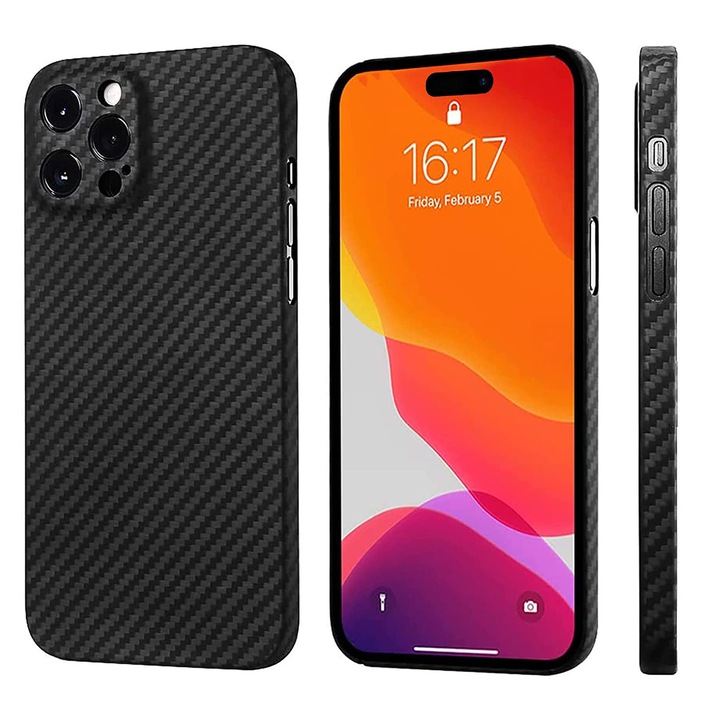 Husa Daden® din fibra de aramida pentru iPhone 14 Pro Max, Protectie Antisoc, Camera Ultra Safe, Negru